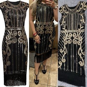 Gold and black sequent roaring 20s and Great Gatsby dress.
